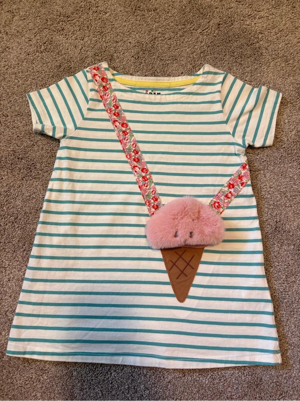 Mini Boden Teal & White Striped Tunic with Pink Faux-Fur Ice Cream Applique